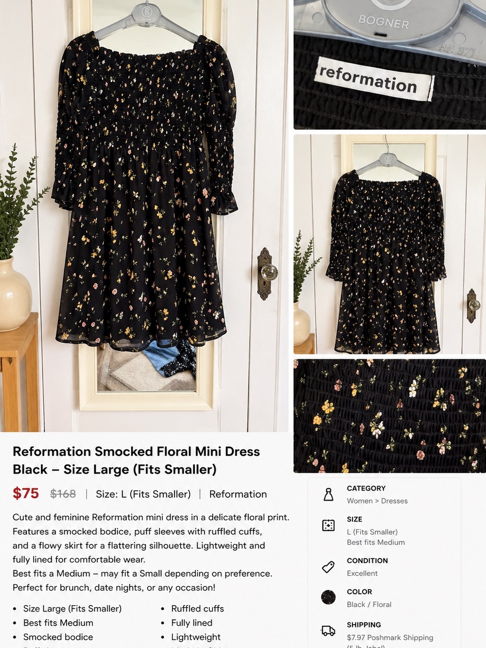 Reformation Black Floral Smocked Mini Dress with Pink and Yellow Blossoms